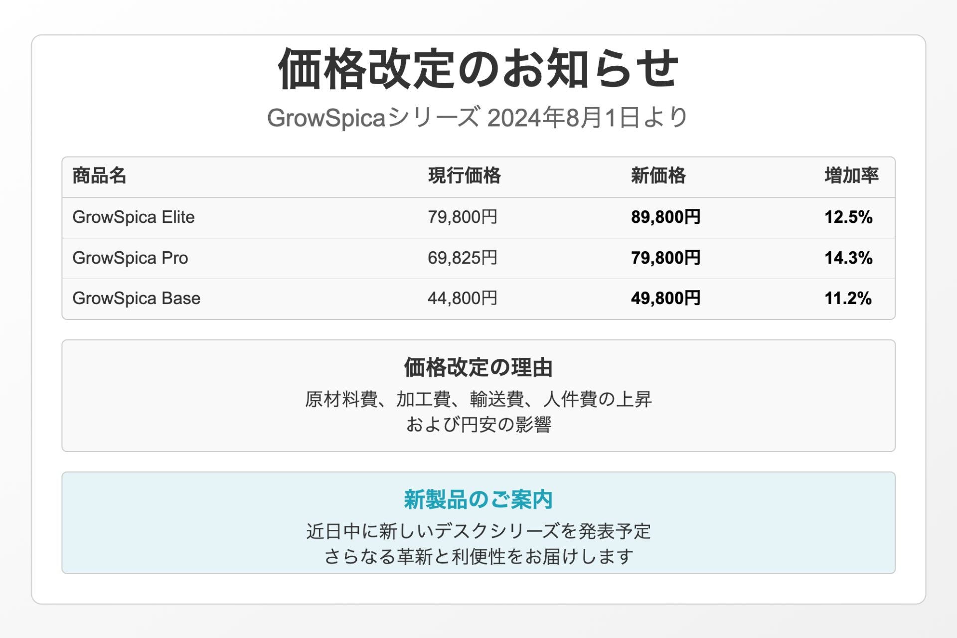 GrowSpicaチェア価格改定のお知らせ